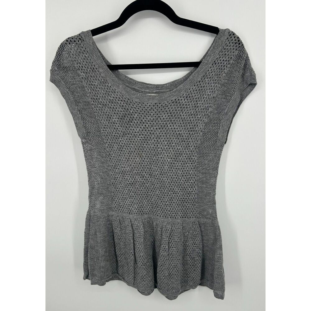 Y2K American Eagle Outfitters M Babydoll Gray Cap Sleeve Peplum Open Knit